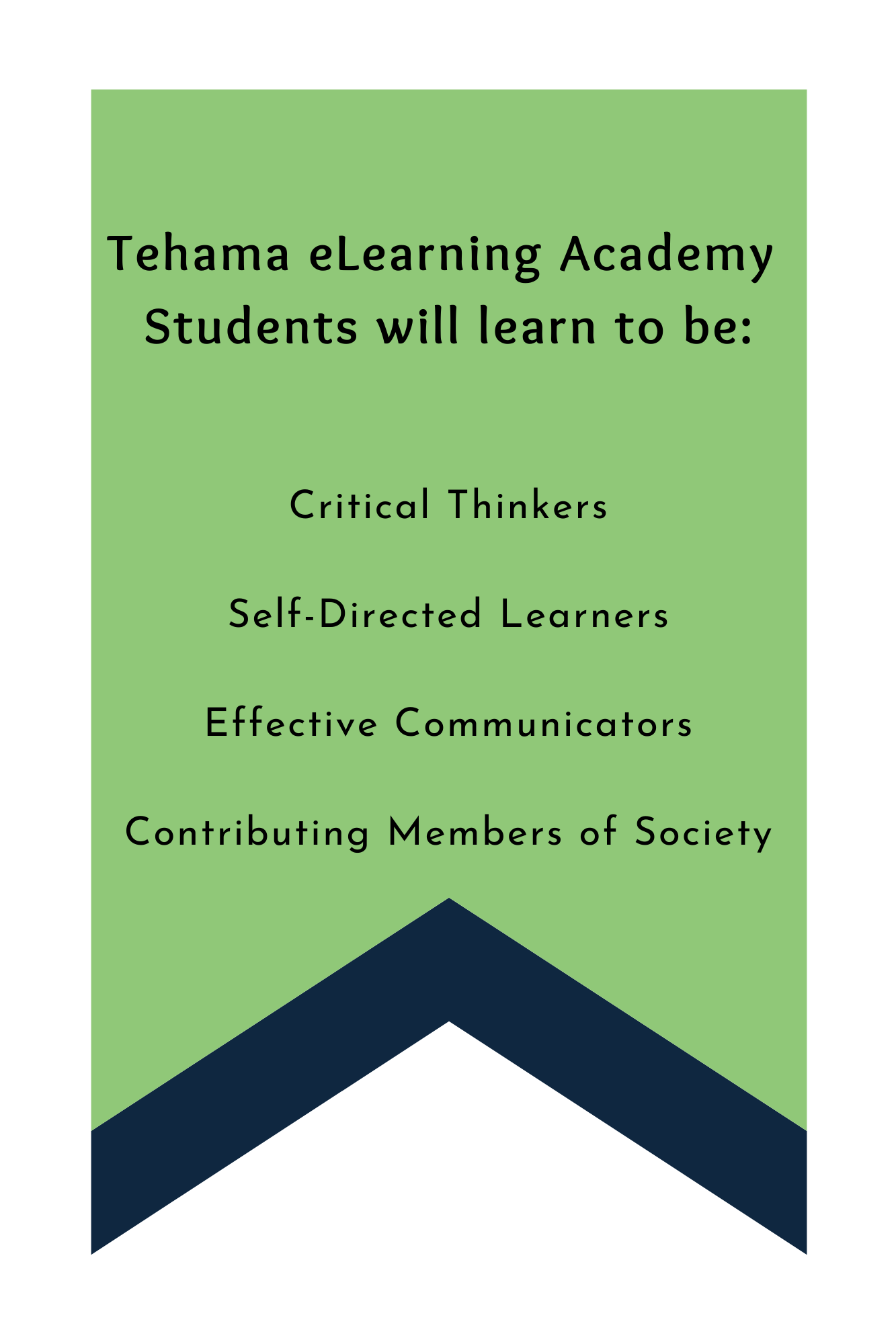 Tehama eLearning Academy Students will learn to be: Critical Thinkers, Self Directed Learners, Effective Communicators, and Contributing Members of Society